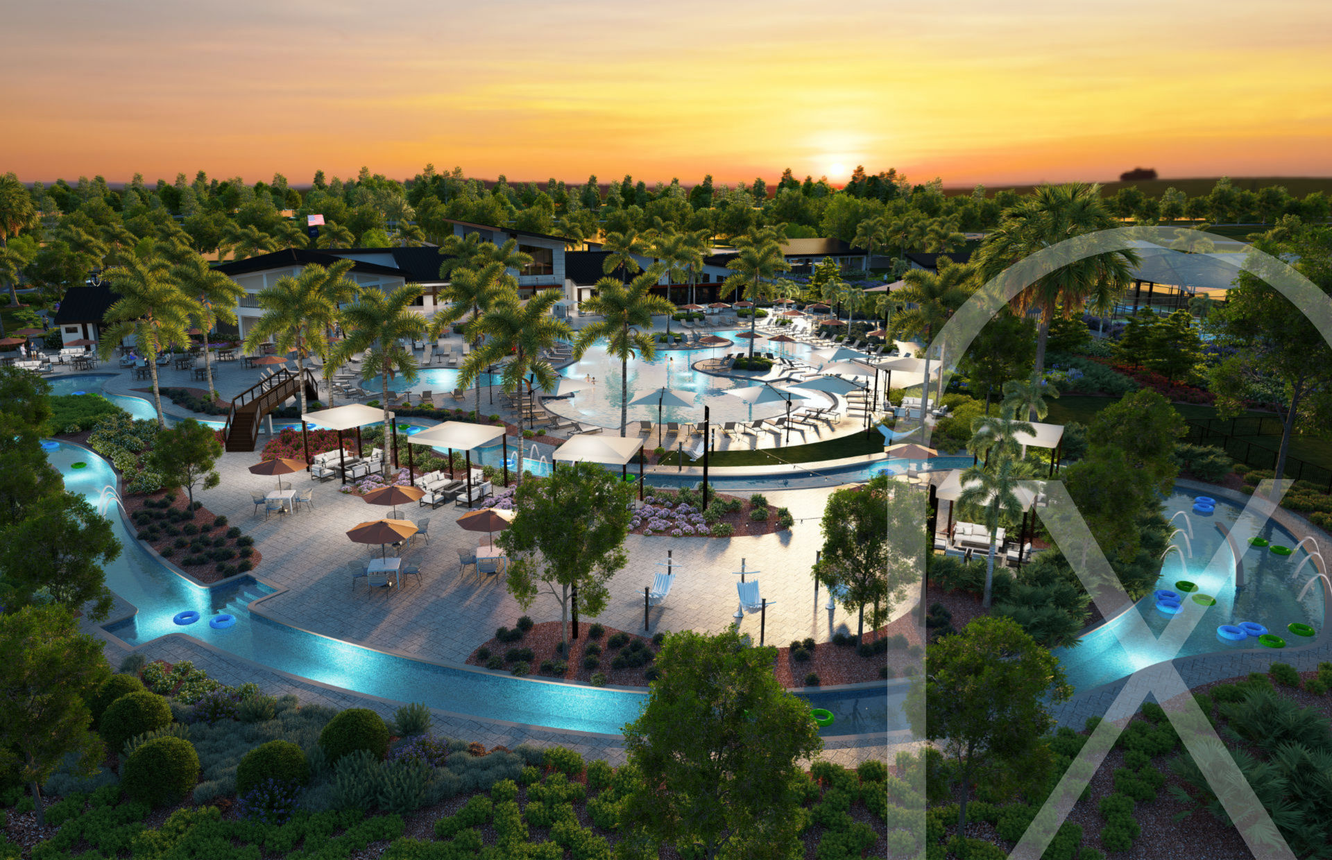 Builder rendering of Explore’s planned resort pool and lazy river at sunset